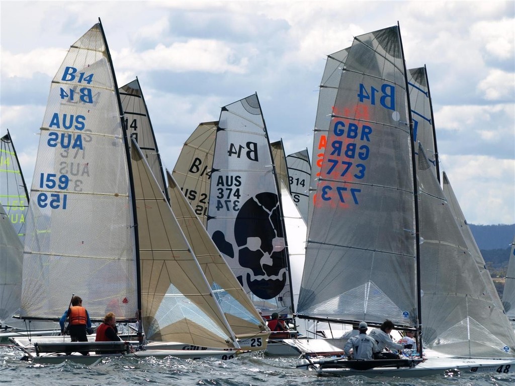 Toxic dominates the start line with skulls and strong racing. - B14 World Championship Royal Yacht Club of Tasmania Hobart  © Jane Austin